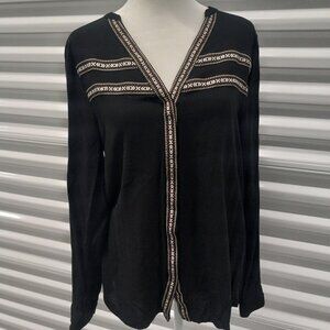BKE Black Native Split Neck Beaded Button-Up LS Shirt Women's M